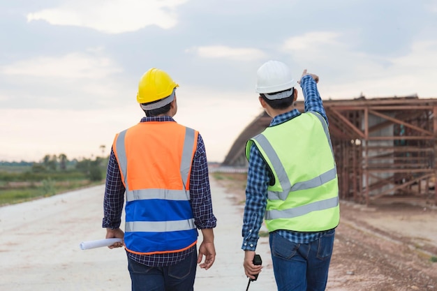 Back view of engineer and foreman worker checking project at\
building site two construction workers wearing hardhats walking\
across site outdoors teamwork concepts