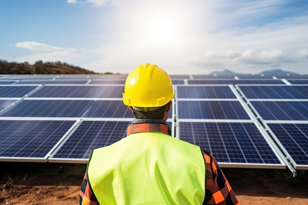 Back view of an engineer standing near the solar panels Generative AI