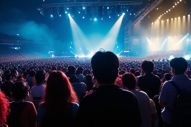 Back view of excited audience with arms raised cheering in front of the stage at music concert copy space