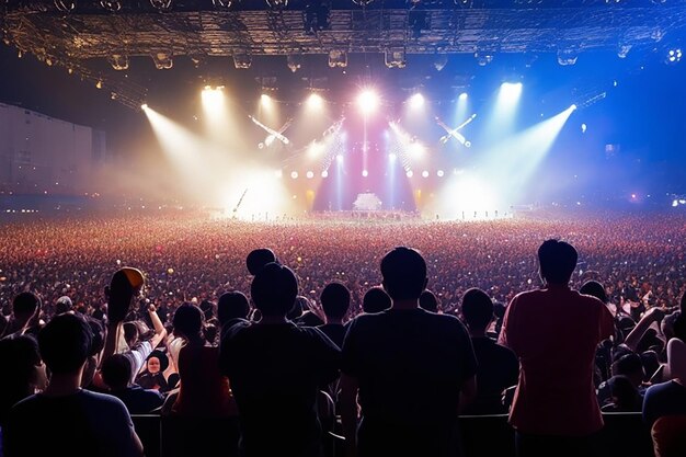 back view of excited audience with arms raised cheering in front of the stage at music concert copy space