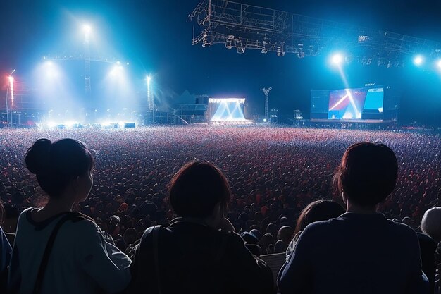 Back view of excited audience with arms raised cheering in front of the stage at music concert copy space