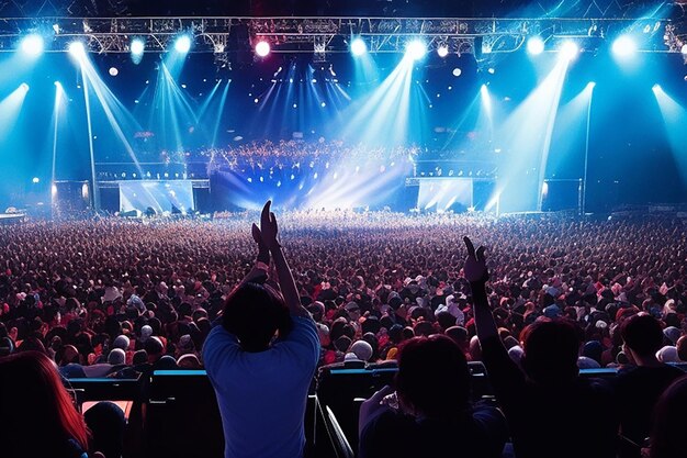 Back view of excited audience with arms raised cheering in front of the stage at music concert copy space