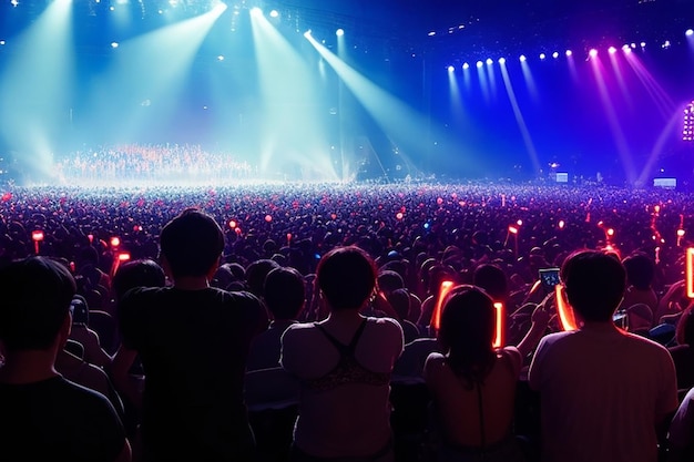 back view of excited audience with arms raised cheering in front of the stage at music concert copy space