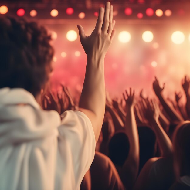 Foto vista posteriore del pubblico entusiasta con la parte anteriore del palco ad un concerto musicale