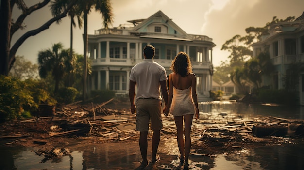 back view of family looking at the house destroy by natural disaster