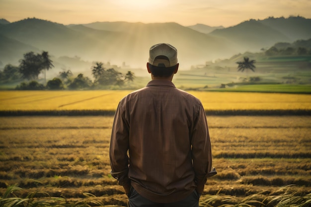 Back view of Farmer looking at his agricultural field