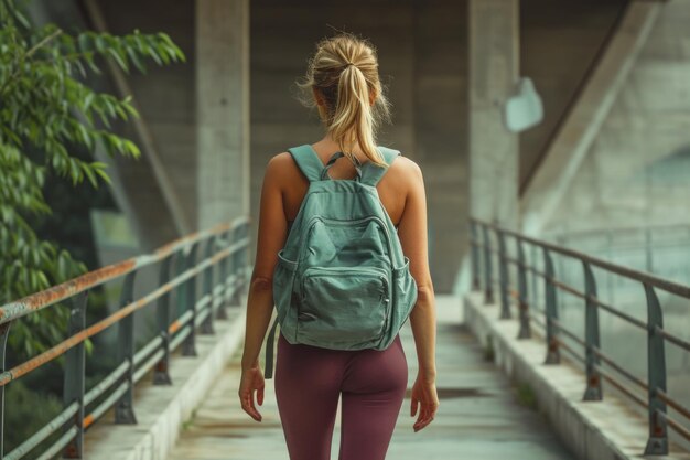 Back view of a female adventurer crossing an urban bridge