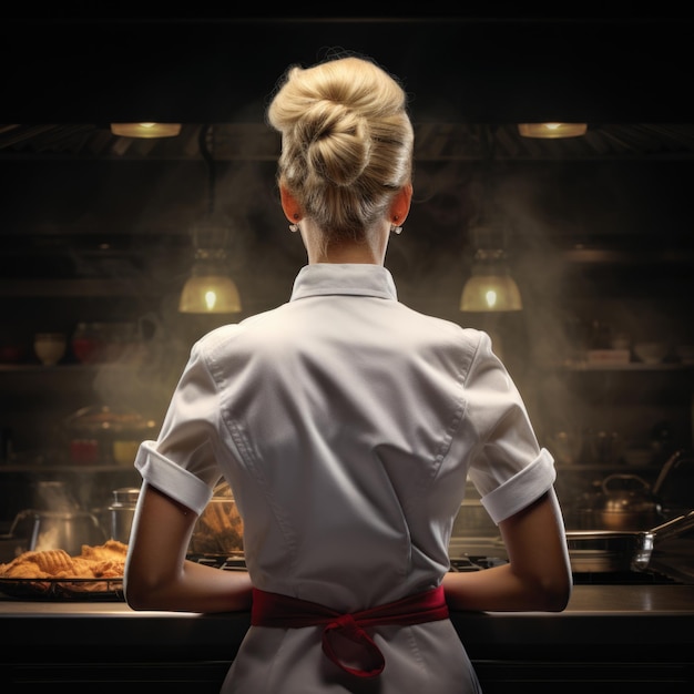 Back view of a female chef