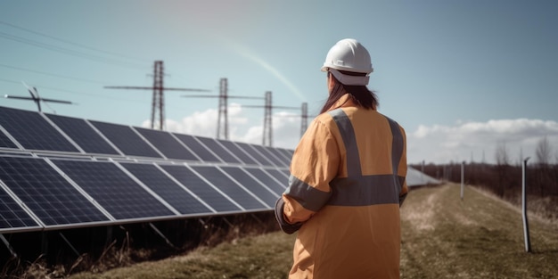 Photo back view of female engineer working at solar farm wearing hard hat generative ai aig20