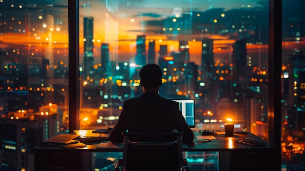 Back view of female freelancer resting after complete work in office on laptop with blank screen Student enjoying recreation time watching movie on computer at home interior with evening city view