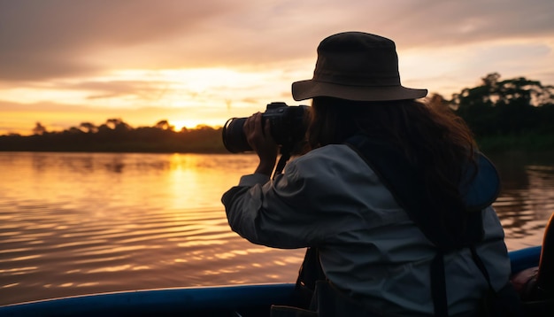 日の出の写真を撮っている女性写真家の後ろの景色