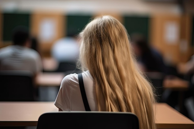 女子学生がテーブルに座って講義を聴いている後ろの景色 散らばったの高校生が人工知能で生成された