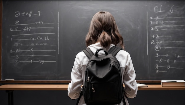 back view female student with a blackboard background