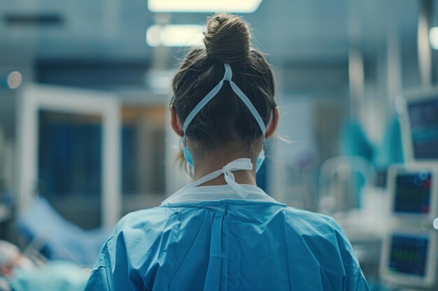 Back view of female surgeon looks attentively She is wearing surgical mask in operating theatre room in the hospital Medical concept