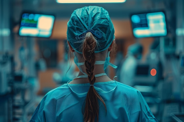 Back view of female surgeon looks attentively She is wearing surgical mask in operating theatre room in the hospital Medical concept