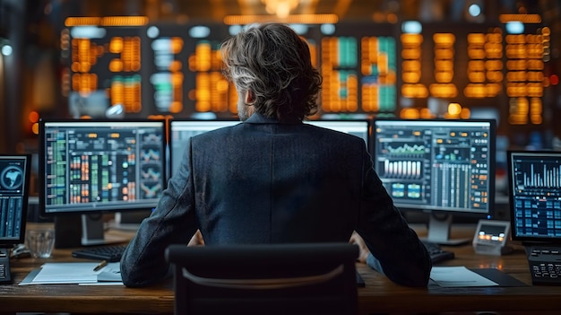 Back view of a financial analyst day trader working on computer with many screens that shows