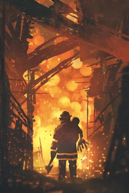 back view of firefighter holding child standing in house on fire, digital art style, illustration painting