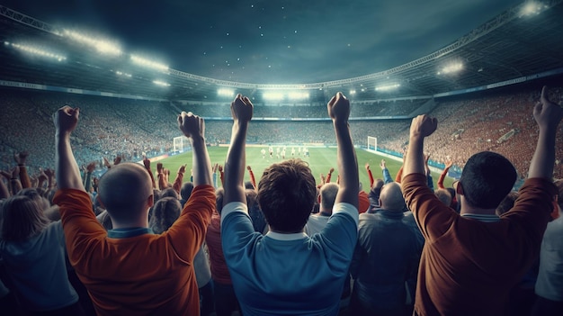Back view of football soccer fans cheering their team stadium at evening time Generate Ai