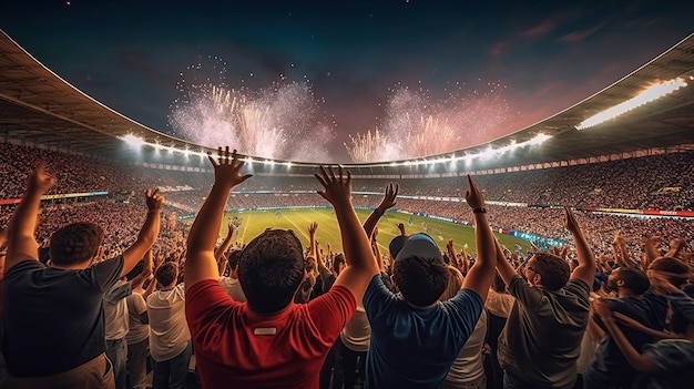 Вид сзади футбольных болельщиков, аплодирующих своей команде на стадионе в вечернее время Generate Ai