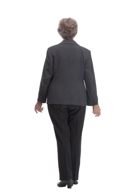 Back view of full length business woman standing with two hands in different directions