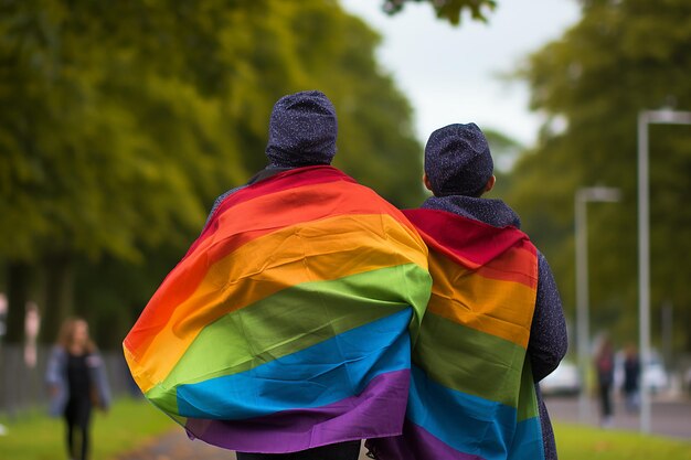 Back view of gay couple with rainbow flag in the park LGBT concept