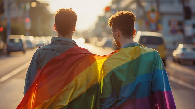 Foto vista posteriore di una coppia gay avvolta in una bandiera arcobaleno sulla strada di una città concept dell'orgoglio lgbt