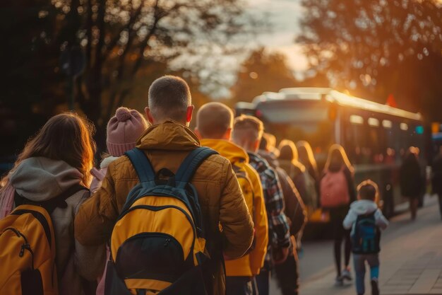 A back view of a German parents commuting to school with their children in the morning