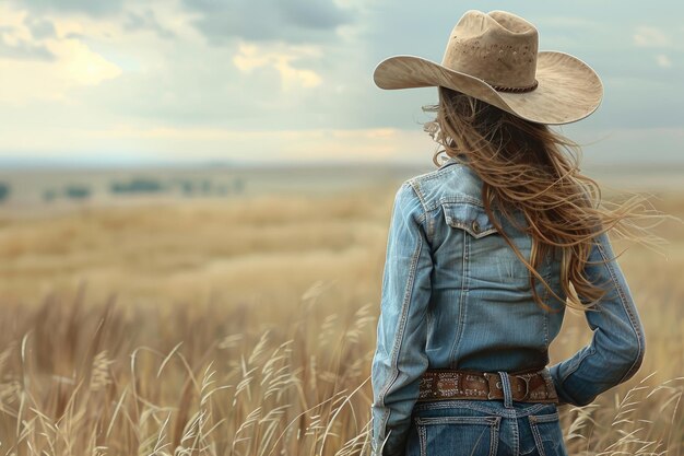 Foto una vista posteriore di una ragazza in abiti da cowboy sulla prateria