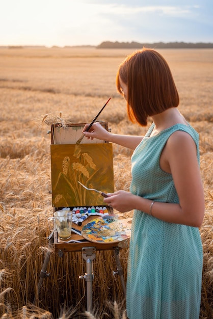 Back view of girl painter with red hair, drawing wheat field in late summer during sunset. Box easel with canvas, oil paints, palette, and tools of an artist.