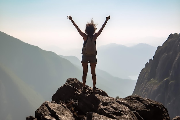 Back view of girl reaching at mountain top