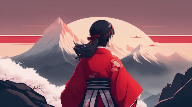 A back view of a girl in a red kimono standing in front of a mountain by Generative AI