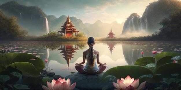 Вид сзади на девушку, сидящую в позе лотоса и занимающуюся йогой по утрам на фоне красивой природы