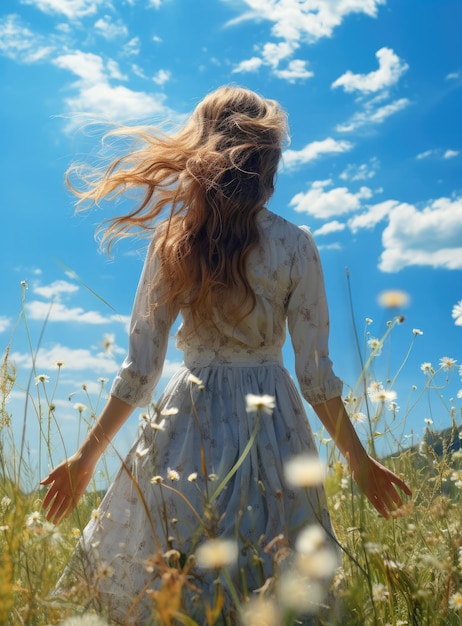 back view of a girl standing in a flower grass field with open arms freedom and fresh air blue sky