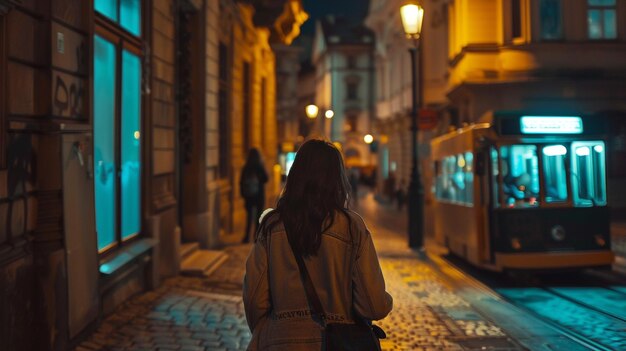 Photo back view of girl walking on cobblestone street at night