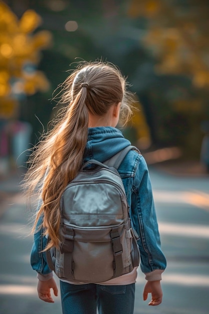 学校へ歩いている女の子の後ろの景色