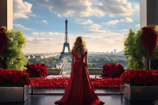 Задняя сторона девушки в красном платье, смотрящей на Эйфелевую башню в Париже