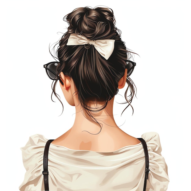 back view girl with a messy bun with a bow