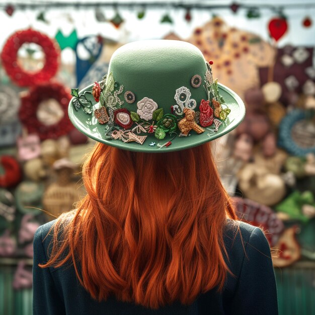 Back view of girl with red hair in hat with decorations concept of St Patricks Day
