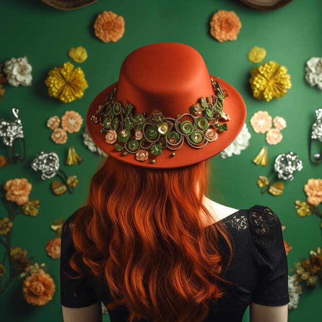 セント・パトリックスの日の装飾の帽子をかぶった赤の女の子の後ろの景色