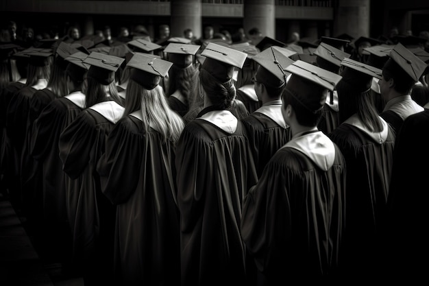 Photo back view of graduates in mortar boards and bachelor gowns on graduation ceremony at the university successful graduation from college or high school created with generative ai