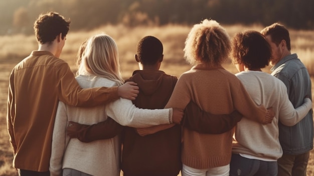 Photo back view of group of diverse people hugging each other