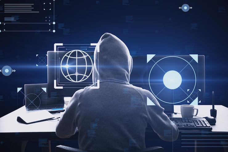 Photo back view of hacker at desk using computers with creative hacking interface on dark background code window high tech ui and spyware concept