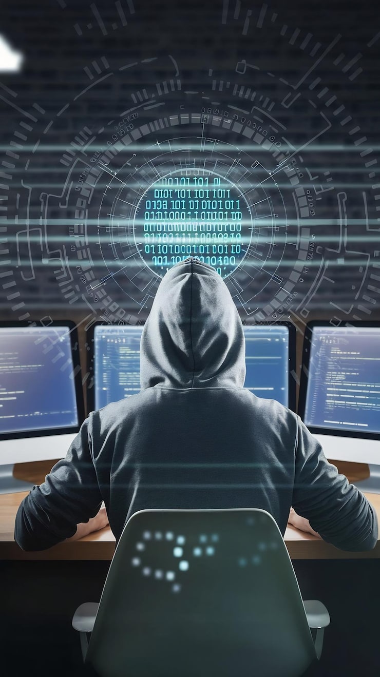 Photo back view of hacker sitting at desk and using computers with glowing hacking hologram with binary c