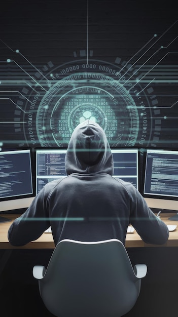 back view of hacker sitting at desk and using computers with glowing hacking hologram with binary c