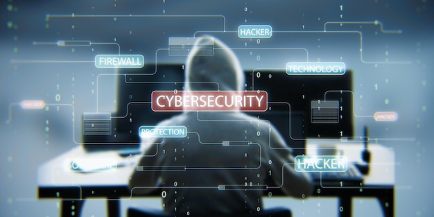 back view of hacker sitting at desk and using computers with glowing hacking hologram with binary code and lines cybersecurity firewall technology and software protection concept double exposure