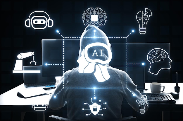 back view of hacker using computers at desk with creative glowing ai hologram digital human head on blue background automated hacking artificial intelligence and conversation assistant concept