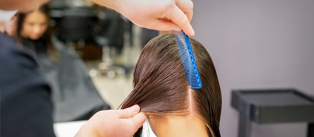 Foto vista posteriore delle mani di parrucchiere separare i capelli lunghi della giovane donna nel salone di parrucchiere