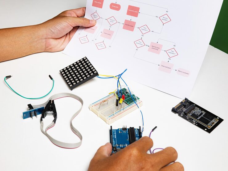 Photo back view hands open flowchart sitting at desk using onboard programming debug improve binary algorithm code in workstation focusing on devices and blurring people