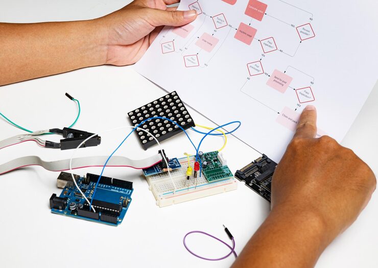 Photo back view hands open flowchart sitting at desk using onboard programming debug improve binary algorithm code in workstation focusing on devices and blurring people