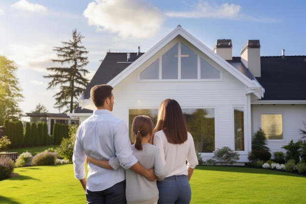 Back view of a happy family standing next to their modern home and hugging